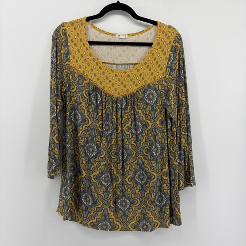 Westport Yellow Blue Medallion Print Boho 3/4 Sleeve Tunic Top Women's Medium
